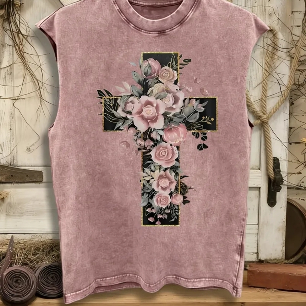 Pink Floral Cross Muscle Tee